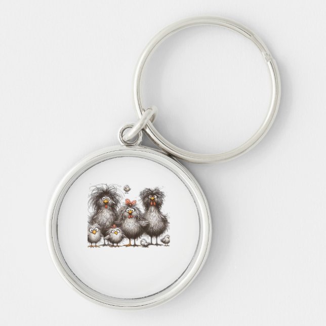 Rolig Klassisk Kyckling Retro Stil Rund Silverfärgad Nyckelring (Framsidan)