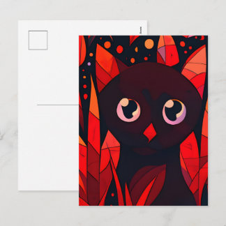 Rolig Klipp Katt Gömmer Sig Bakom Löv Anime Stil Helg Vykort