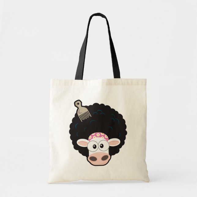 Rolig ko med ett afro- och hårkam på rosor tygkasse (Framsidan)