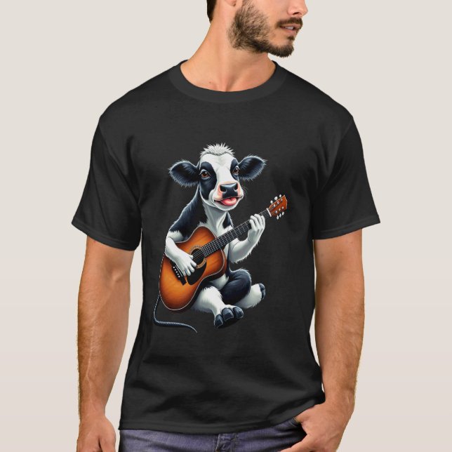 Rolig ko som spelar gitarrdesign för musikälskare t shirt (Framsida)