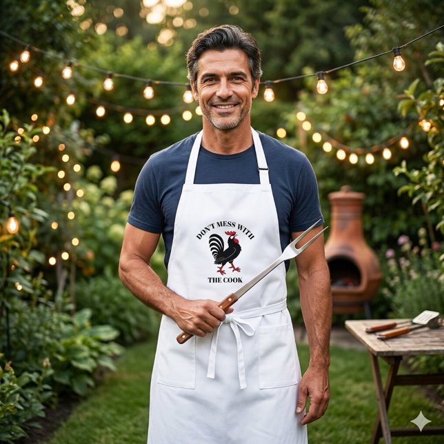 Rolig kock kok roadrad kartong förkläde (Portuguese rooster cartoon apron with a funny Don't mess with the cook text or custom text)