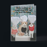 Rolig kockkattfödelsedag kort<br><div class="desc">För kockkatter för anpassade roligt kort för födelsedag.  Utanför: "Lagar mat vi upp något som ÄR SPECIELL för din födelsedag!",   Insida: "Hur gör,  låter Möss-En-Roni?",   Du kan skräddarsy texten,  typsnitt och färgerna av typsnitt.</div>