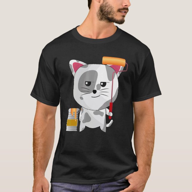 Rolig Konstnär Katt Målning Professionell För Måla T Shirt (Framsida)