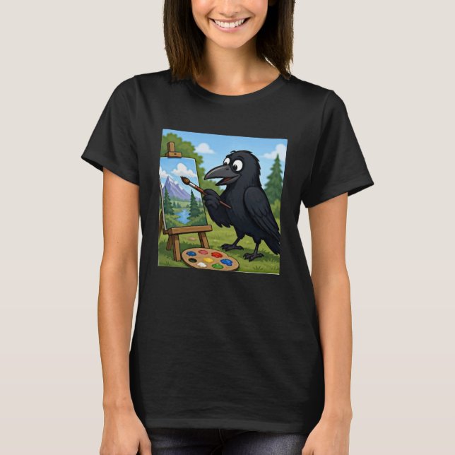 Rolig konstnär Kråka målar Landskaps konst T Shirt (Framsida)