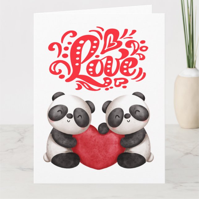rolig konstnärlig pandas älskar hjärta design kort (Framsida)