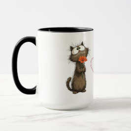Rolig kopp med söt luddig katt som håller en blomm