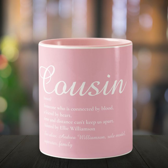 Rolig kusin definition Elegant skript flickig rosa Två-Tonad Mugg (Fun Cousin Definition Elegant Script Girly Pink Two-Tone Coffee Mug)