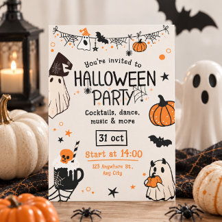 Rolig kuslig orange och svart Halloween-fest Inbjudningar