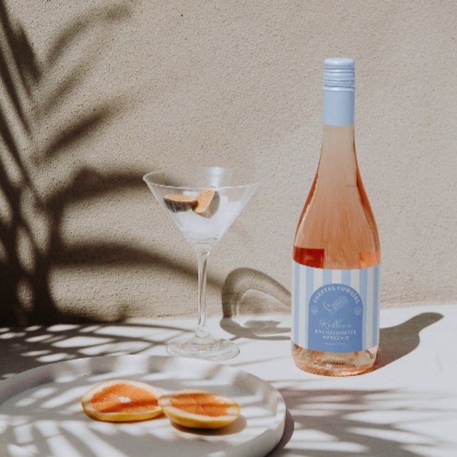 Rolig kust-cowgirl-s möhippa-partajsgåva (Classy blue & white coastal cowgirl theme wine bottle labels for bachelorette party or bridal shower)