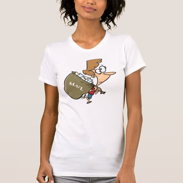 Rolig kvinna som drar tung postväska t-shirt (Framsida)