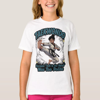 Rolig kvinnlig taekwondo flygande spark t shirt