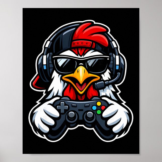 Rolig Kyckling Gamer Tee Spelhörsnack Gamepad Vid Poster (Framsidan)