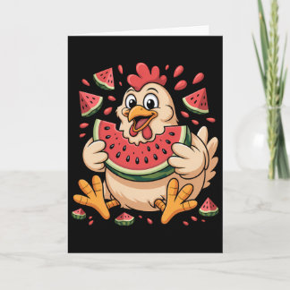 Rolig kyckling som äter vattenmelon sommarfrukt hu kort