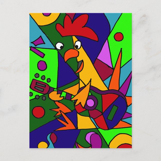 Rolig kyckling som spelar gitarr Modern konst Ursp Vykort (Framsida)