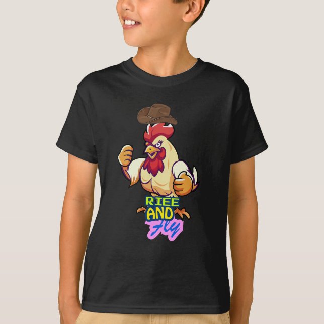 Rolig Kyckling Stig Upp och Flyg” T-Shirt (Framsida)