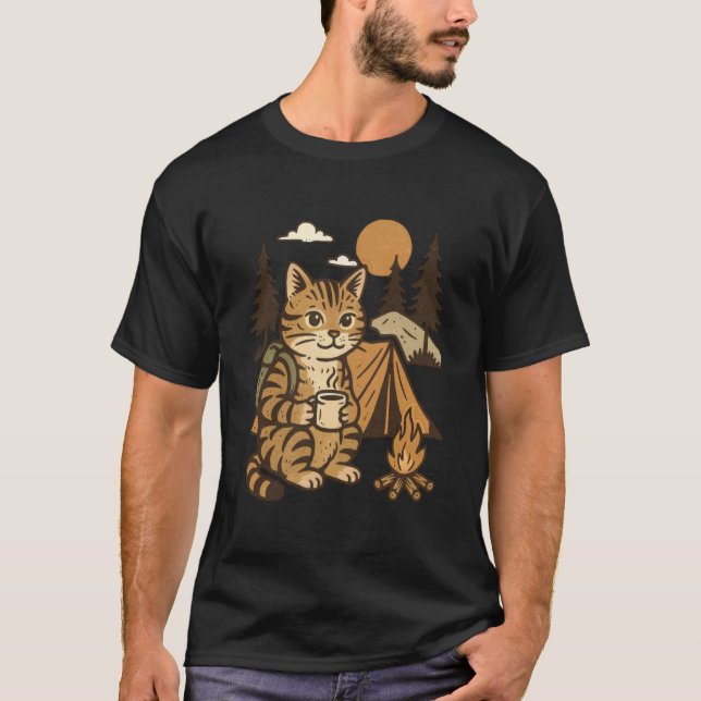 Rolig lägereld katt camping t shirt (Framsida)