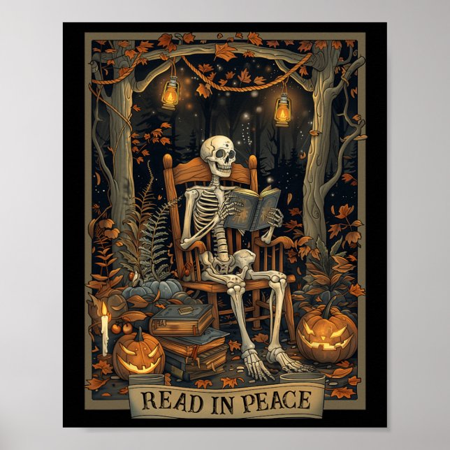 Rolig läsning i fred skelett Halloween Läs Nned B Poster (Framsidan)