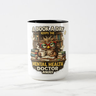 Rolig läsning uggla bokälskare mental hälsa kaffe Två-Tonad mugg