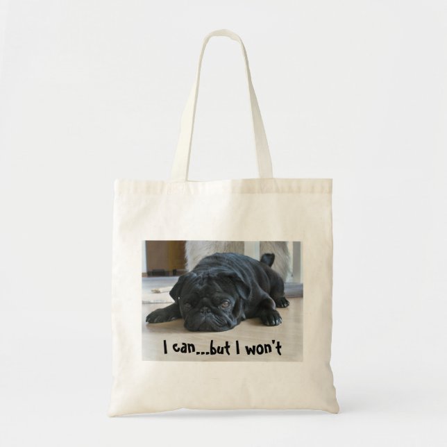 Rolig Lat Svart Mops Valp Totebag Tygkasse (Framsidan)