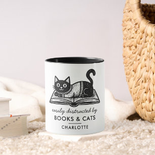 Rolig Lätt Distraherad av Böcker och Katter Kaffe Mugg