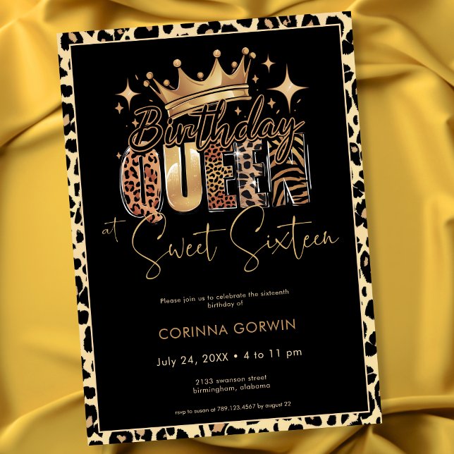 Rolig Leopard Födelsedagsdrottning Sweet Sixteen F Inbjudningar (Fun Leopard Birthday Queen Sweet Sixteen Birthday Invitation)