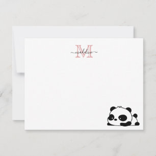 Rolig Liggande Panda Skrift Rosa Modern Monogram Anteckningskort