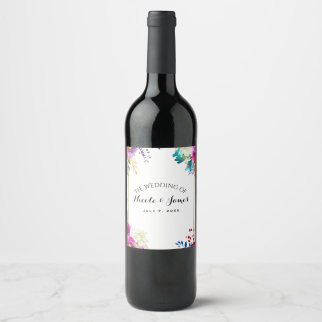 Rolig Ljus Djärv Akvarell Blommig Bröllopsvin Vinflaska Etikett (Framsida)