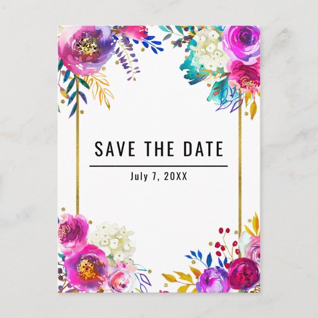 Rolig ljus fet vattenfärg blomster Save the Date Meddelande Vykort (Framsida)