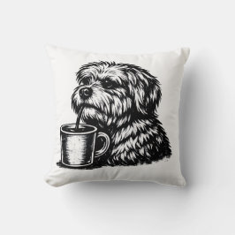Rolig luddig hund som dricker kaffe skiss kastkudd kudde