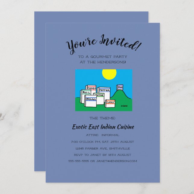 Rolig lunch eller middag Gourmetparty Tecknad seri Inbjudningar (Fram/baksida)