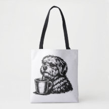 Rolig lurvig hund som dricker kaffe skiss väskor