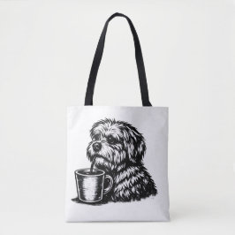 Rolig lurvig hund som dricker kaffe skiss väskor