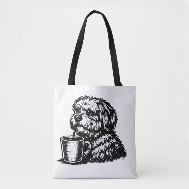 Rolig lurvig hund som dricker kaffe skiss väskor (Framsida)