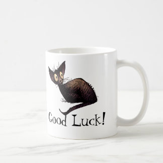 Rolig lycklig svart kattkonst för lycka till kaffemugg