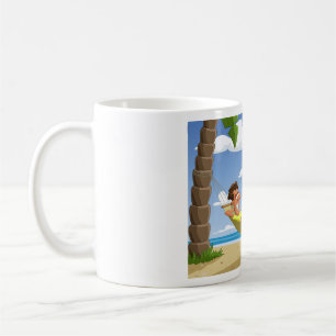 Rolig man som slappnar i en hängmatta på stranden kaffemugg