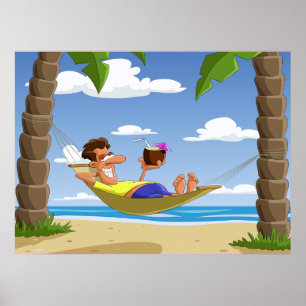 Rolig man som slappnar i hängmatta på stranden poster