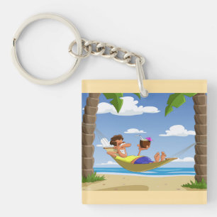 Rolig man som slappnar i strandhammock
