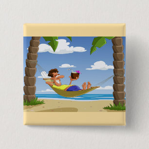 Rolig man som slappnar i strandhammock knapp
