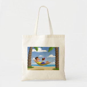 Rolig man som slappnar i strandhammock tygkasse