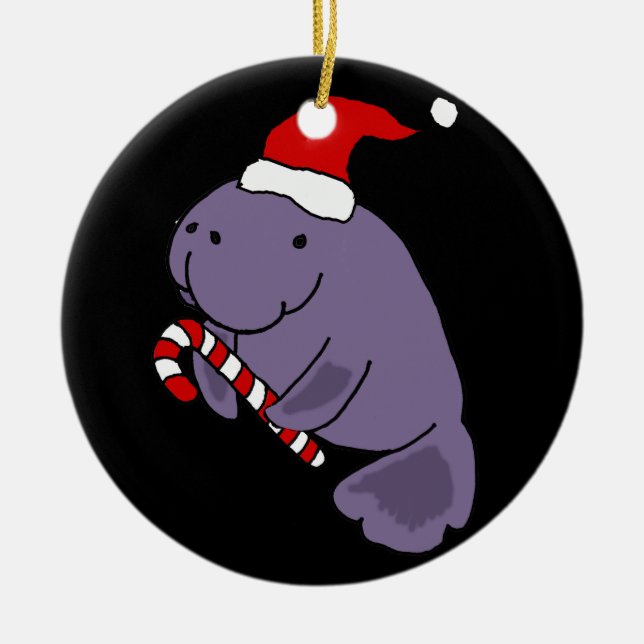 Rolig Manatee i tecknad för Santa hattjul Julgransprydnad Keramik (Framsidan)