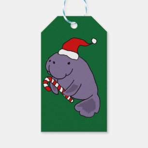 Rolig Manatee i tecknad för Santa hattjul Presentetikett