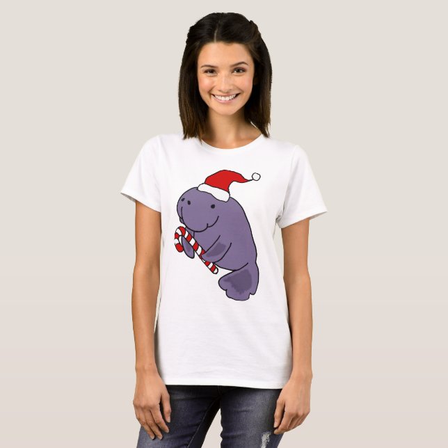 Rolig Manatee i tecknad för Santa hattjul T Shirt (Hel framsida)