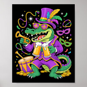 Rolig Mardi Gras-alligator som dricker pärlor män Poster