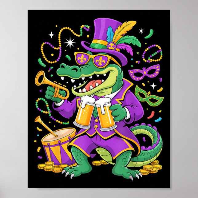 Rolig Mardi Gras-alligator som dricker pärlor män  Poster (Framsidan)
