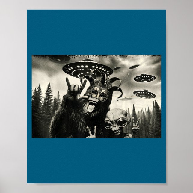 Rolig Mardi Gras Bigfoot Alien Selfie Poster (Framsidan)