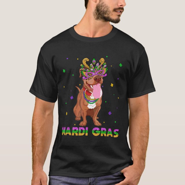Rolig Mardi Gras Pitbullmask och pärlor present T Shirt (Framsida)