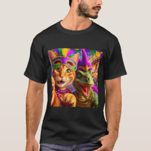 Rolig Mardi Gras Selfie Katt Dinosaurie Citat  T Shirt