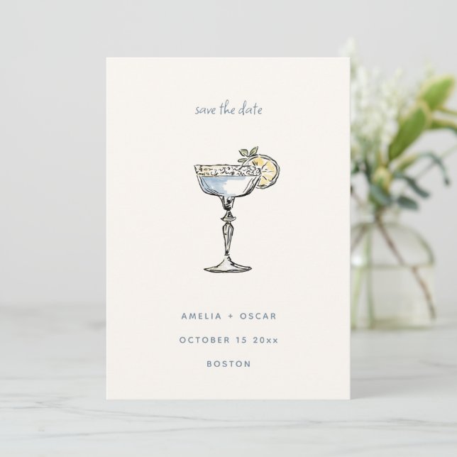 Rolig Margarita Cocktail Ritning Blå Bröllop Spara Datumet (Stående Fram)