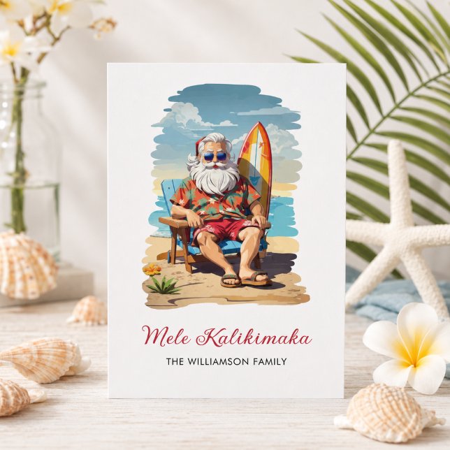 Rolig Mele Kalikimaka Santa Surfbräda Julkort Helg Vykort (Add family name to customize)
