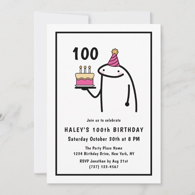 Rolig Meme Enkel Svart & Vit 100-årsdag Inbjudningar (Framsida)